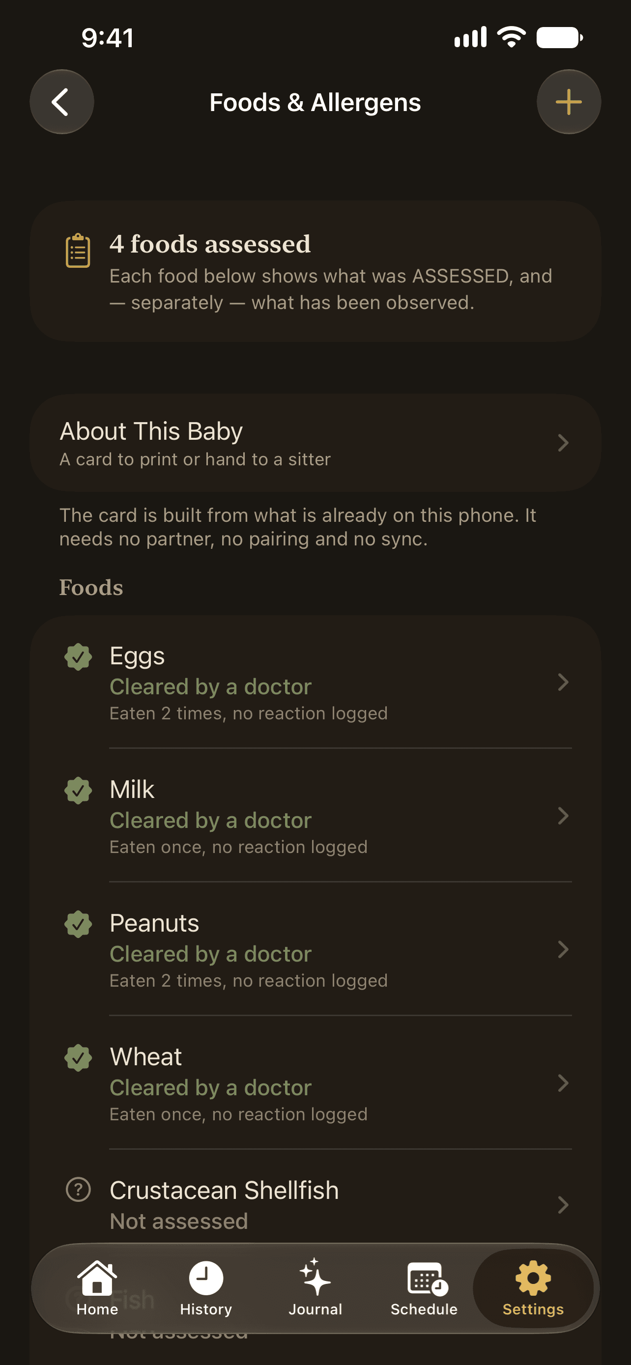 Hazelnut Foods & Allergens screen showing eggs, milk, peanuts, and wheat cleared by a doctor, each with how many times it has been eaten