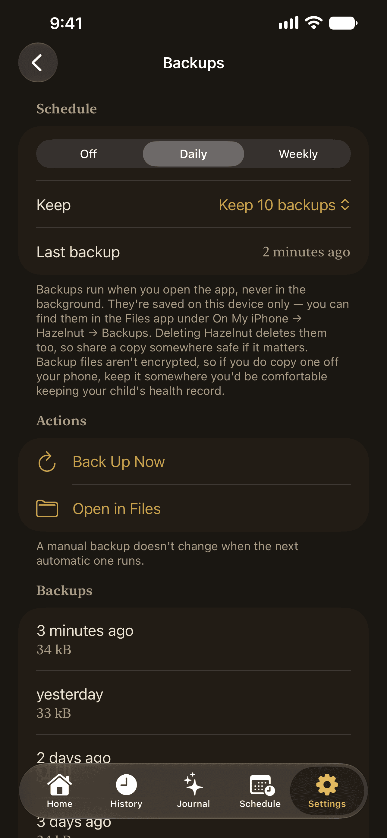 Hazelnut backups screen with a daily schedule, a keep-ten-backups setting, Back Up Now and Open in Files actions, and a list of recent backups