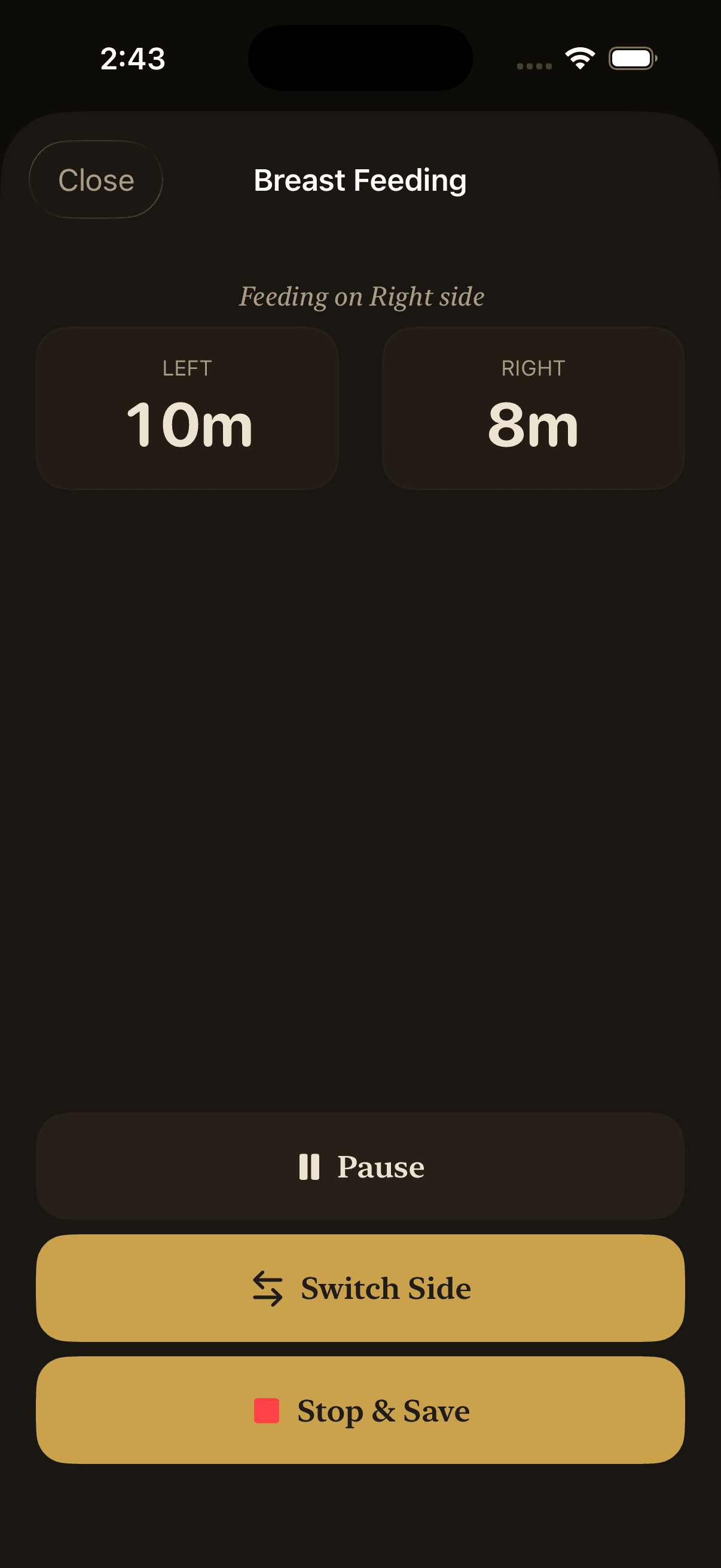 Hazelnut breast-feeding timer screen showing left and right side buttons with the next suggested side highlighted