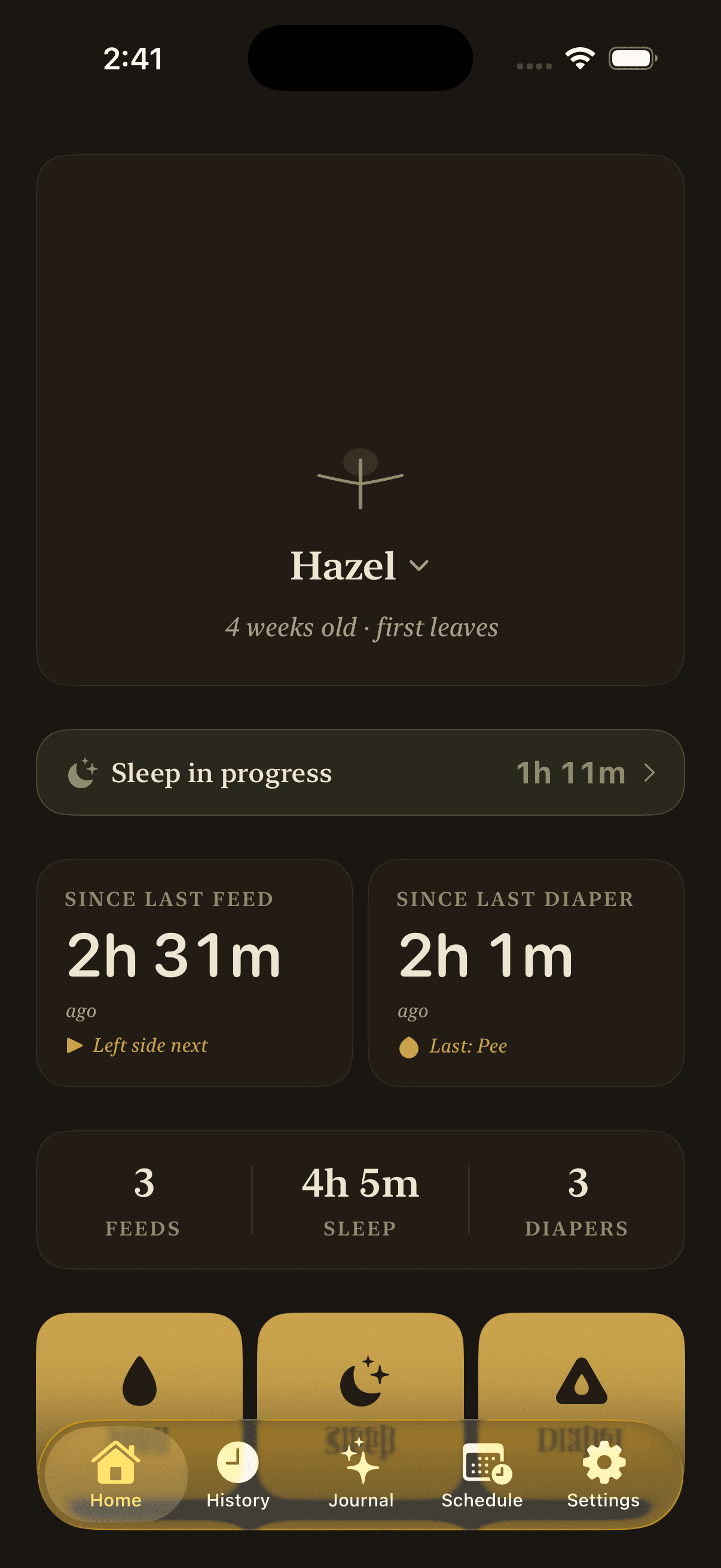Hazelnut home screen showing time since last feed and diaper, today's totals, and large Feed, Sleep, and Diaper buttons