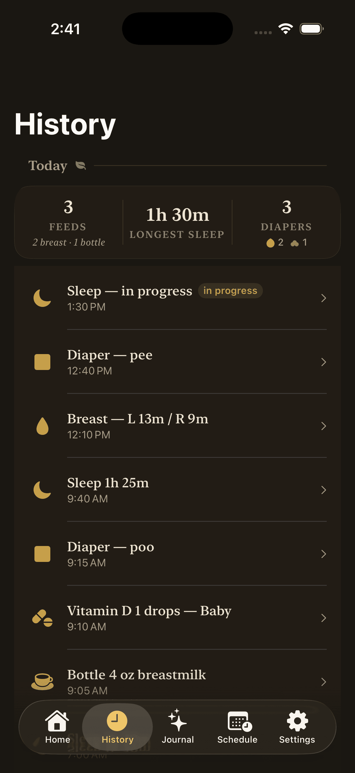 Hazelnut history screen showing feeds, naps, and diaper changes grouped by day, each entry editable with a tap