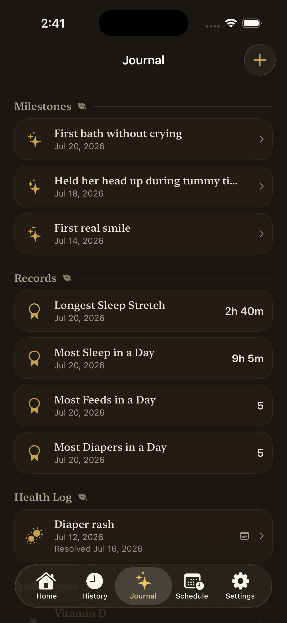 Hazelnut journal screen showing baby milestones, a health log, and logged medications