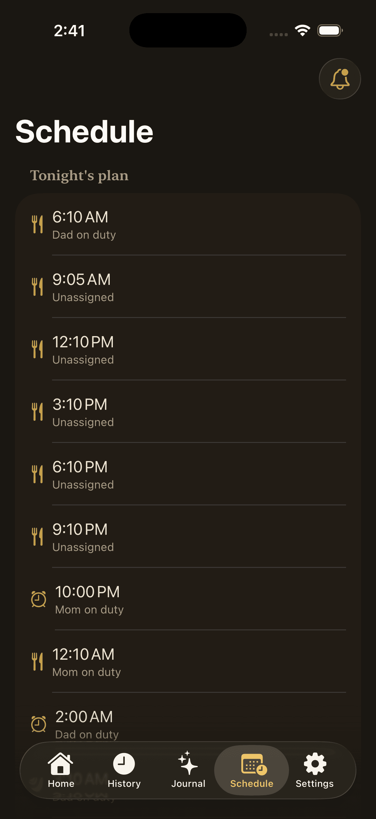 Hazelnut schedule screen showing tonight's planned feeds and caregiver shifts with alarms