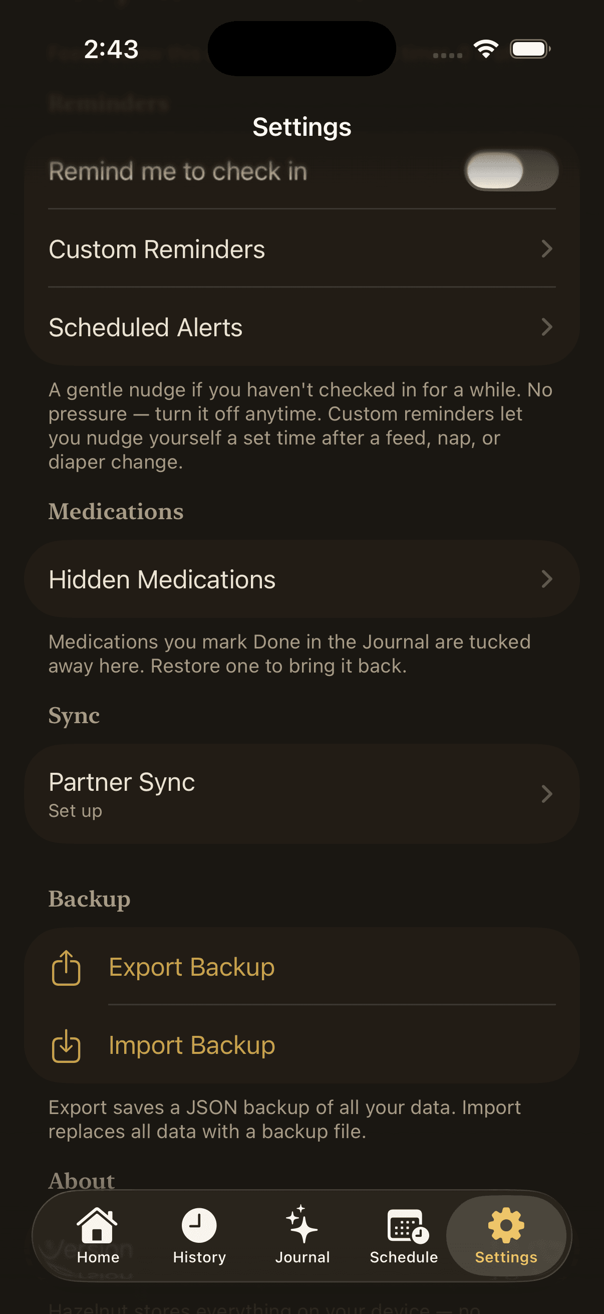 Hazelnut settings screen with an Export Backup option that saves all data as a plain JSON file